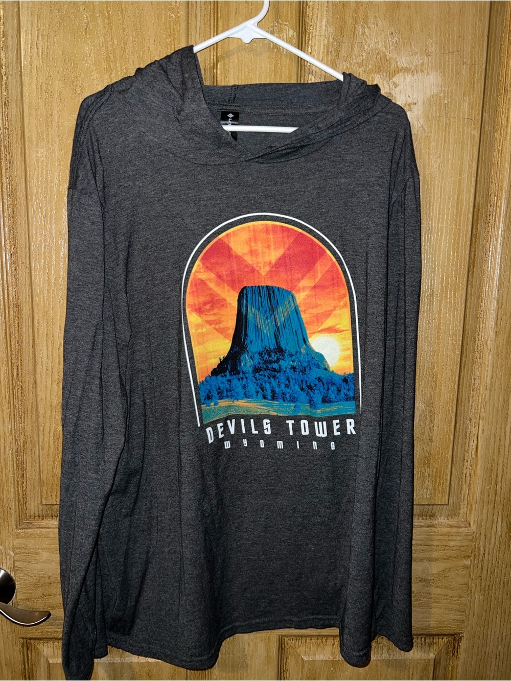 Devils Tower Scenic Hoodie Tee - Charcoal with Sunset Graphic Womens XL